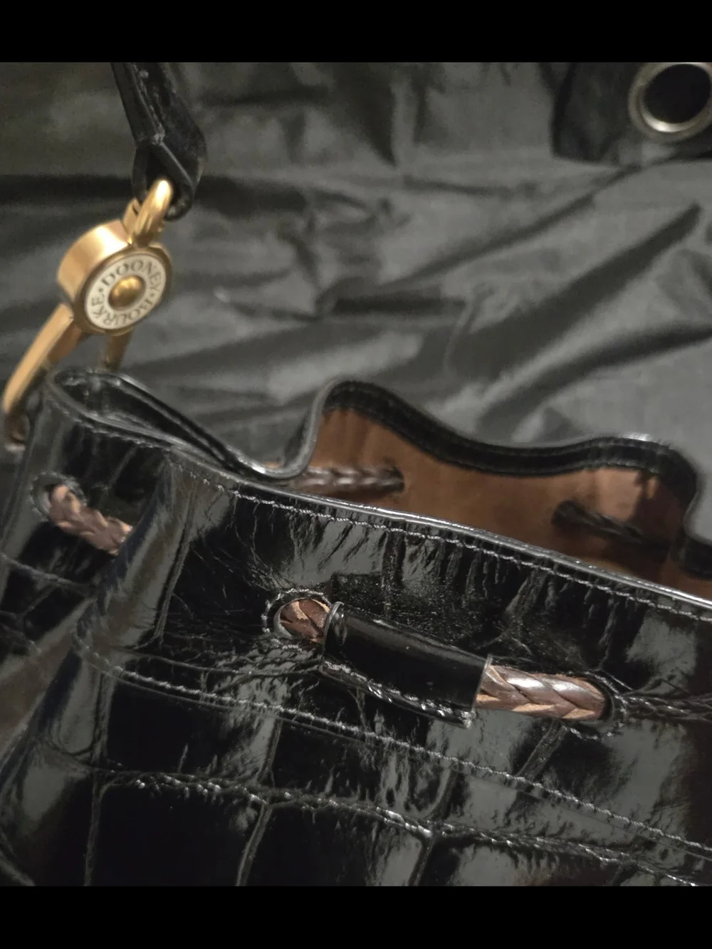 Dooney & Bourke Croco-Embossed Drawstring Bucket Bag — Black